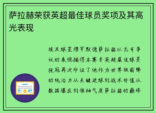 萨拉赫荣获英超最佳球员奖项及其高光表现