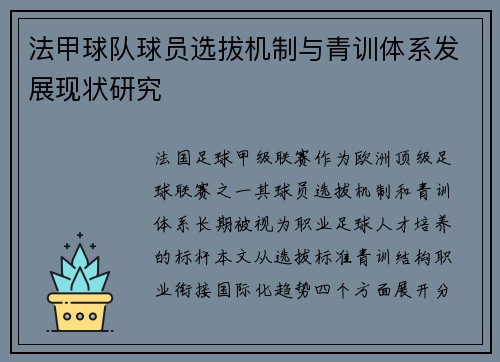 法甲球队球员选拔机制与青训体系发展现状研究