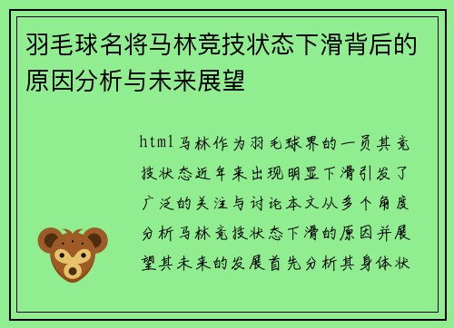 羽毛球名将马林竞技状态下滑背后的原因分析与未来展望